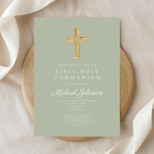 Invitation Croix religieuse vert sauge Garçon Première Commun
