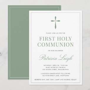 Invitation Croix Religieuse, Vert Sauge Simple et Élégant