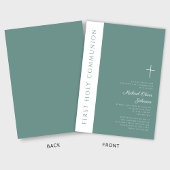Invitation Croix religieuse verte moderne garçon Première com