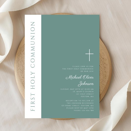 Invitation Croix religieuse verte moderne garçon Première com