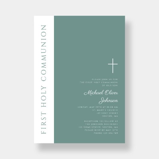 Invitation Croix religieuse verte moderne garçon Première com