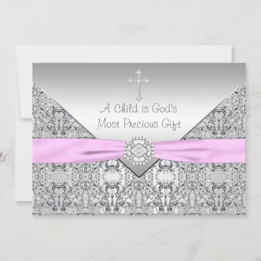 Invitation Croix rose Baby Girl Baptism Christening (Devant)