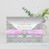Invitation Croix rose Baby Girl Baptism Christening (Debout devant)