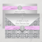 Invitation Croix rose Baby Girl Baptism Christening (Devant / Derrière)