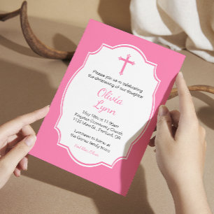 Invitation Croix rose Baby Girl Baptism Christening