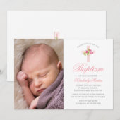 Invitation Croix rose Baptême avec photo florale Rose (Devant / Derrière)