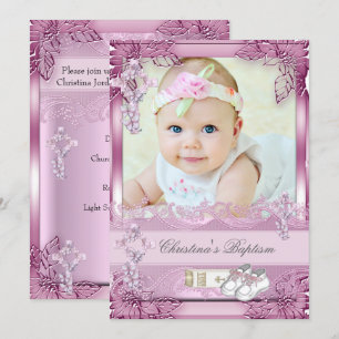 Invitation Croix Rose Baptême Fille Photo baptême Floral