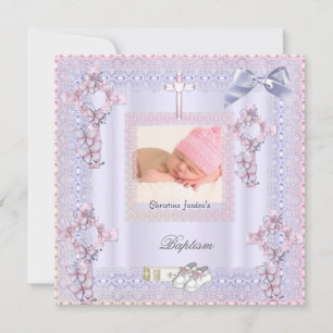 Invitation Croix Rose Baptême Fille Photo Lavande Dentelle 2