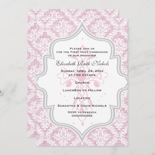 Invitation Croix rose blanc damassé burlap Première communion (Devant / Derrière)
