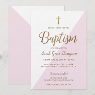 Invitation Croix rose blanche or moderne Baby Girl Baptism
