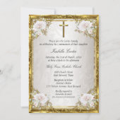 Invitation Croix Rose Communion or beige perle Damask croix (Devant)