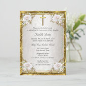 Invitation Croix Rose Communion or beige perle Damask croix (Debout devant)