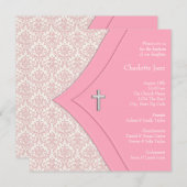Invitation Croix rose Damask Fille Baptême Christening (Devant / Derrière)