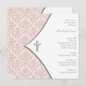 Invitation Croix rose Damask Filles Baptême Christening (Devant / Derrière)