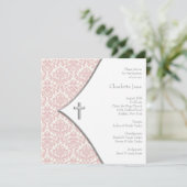 Invitation Croix rose Damask Filles Baptême Christening (Debout devant)
