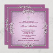 Invitation Croix rose Damask Filles Première communion rose (Devant / Derrière)