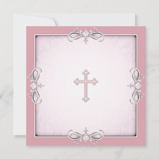 Invitation Croix rose Damask Filles Première communion rose (Dos)