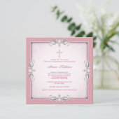 Invitation Croix rose Damask Filles Première communion rose (Debout devant)