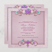 Invitation Croix rose Damask Filles Première communion rose (Devant / Derrière)