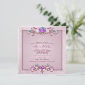 Invitation Croix rose Damask Filles Première communion rose (Debout devant)