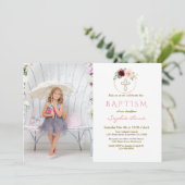 Invitation Croix rose de Bourgogne Fille Photo Baptême (Debout devant)