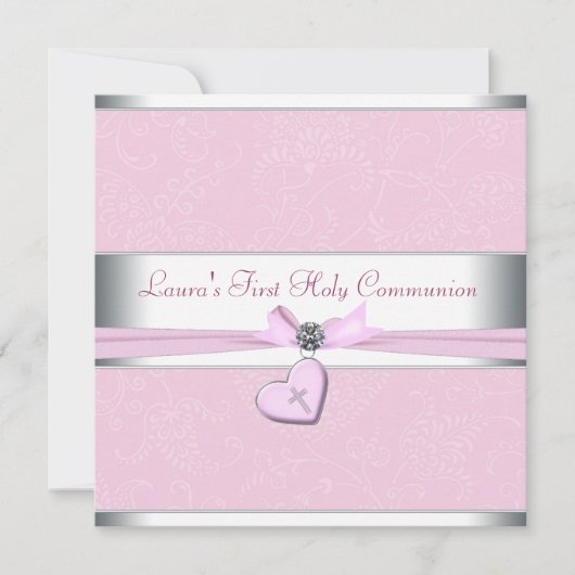 Invitation Croix rose de coeur rose première communion (Devant)