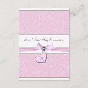 Invitation Croix rose de coeur rose première communion