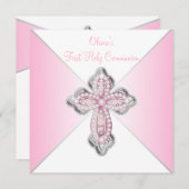 Invitation Croix rose diamant rose Première sainte communion  (Devant / Derrière)