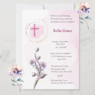 Invitation Croix rose douce & Fille florale Baptême Invitat