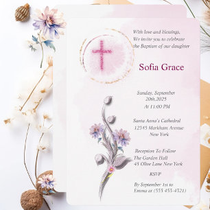Invitation Croix rose douce & Fille florale Baptême Invitat