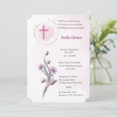 Invitation Croix rose douce & Fille florale Baptême Invitat I (Debout devant)