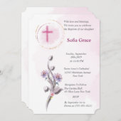 Invitation Croix rose douce & Fille florale Baptême Invitat I (Devant / Derrière)