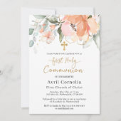 Invitation Croix rose du feuillage vert Première communion (Devant)