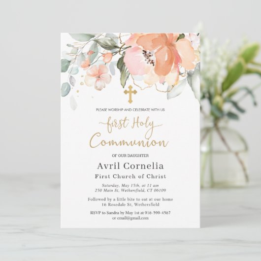 Invitation Croix rose du feuillage vert Première communion (Debout devant)