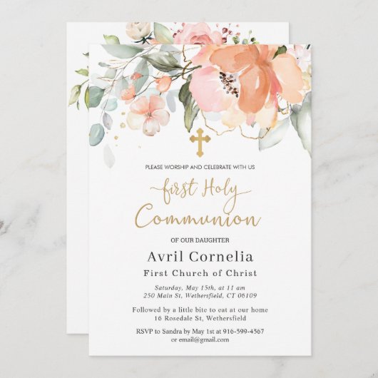 Invitation Croix rose du feuillage vert Première communion (Devant / Derrière)