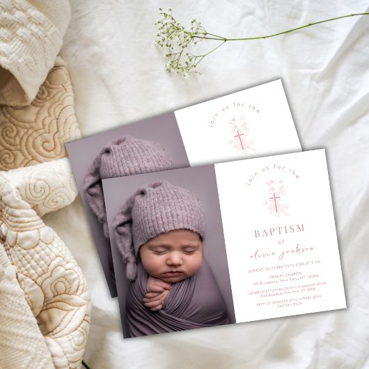 Invitation Croix Rose Dusty Christening Photo Baptême
