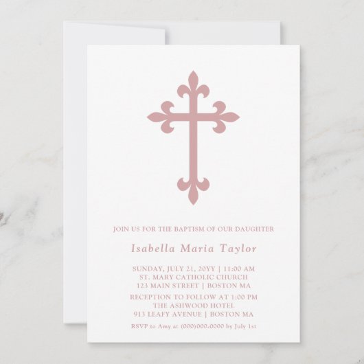 Invitation Croix rose Dusty moderne Baptême (Devant)