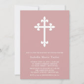 Invitation Croix rose Dusty moderne Baptême (Devant)