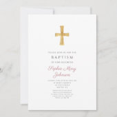 Invitation Croix rose Dusty moderne Baptême de fille religieu (Devant)