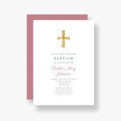 Invitation Croix rose Dusty moderne Baptême de fille religieu
