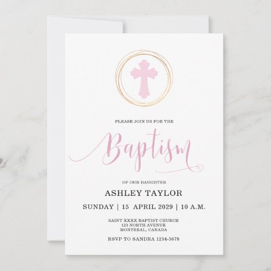 Invitation Croix rose et Faux Gold Frame Baptême (Devant)