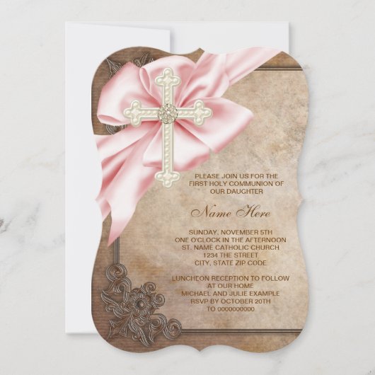 Invitation Croix rose et marron Première communion (Devant)