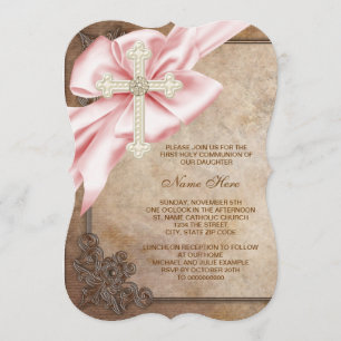 Invitation Croix rose et marron Première communion