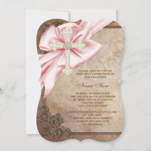 Invitation Croix rose et marron Première communion (Devant)