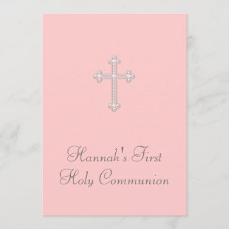 Invitation Croix rose Filles Première communion rose