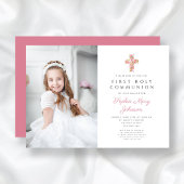 Invitation Croix rose florale fille première communion photo