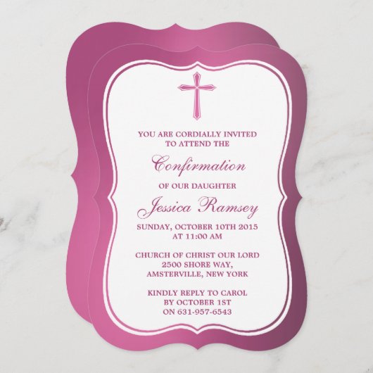 Invitation Croix rose métallique Communion Ou Confirmation (Devant / Derrière)