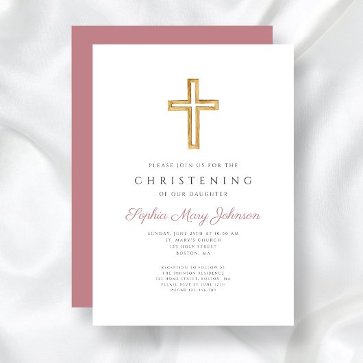 Invitation Croix rose moderne Christening fille