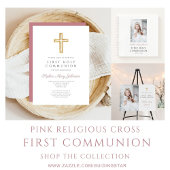 Invitation Croix rose moderne Fille religieuse Première commu