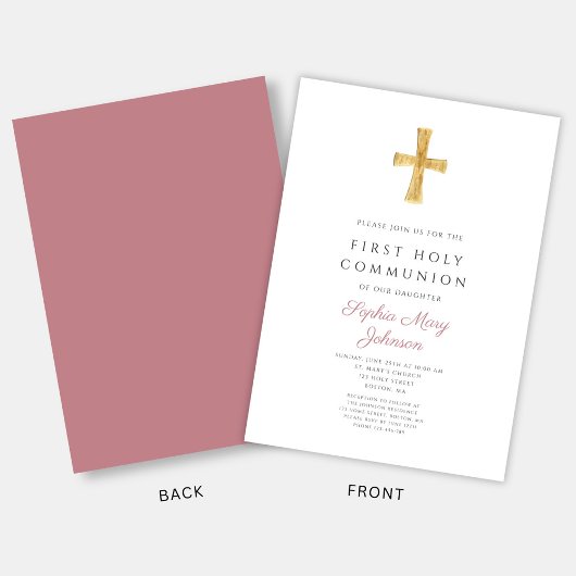 Invitation Croix rose moderne Fille Sainte Communion